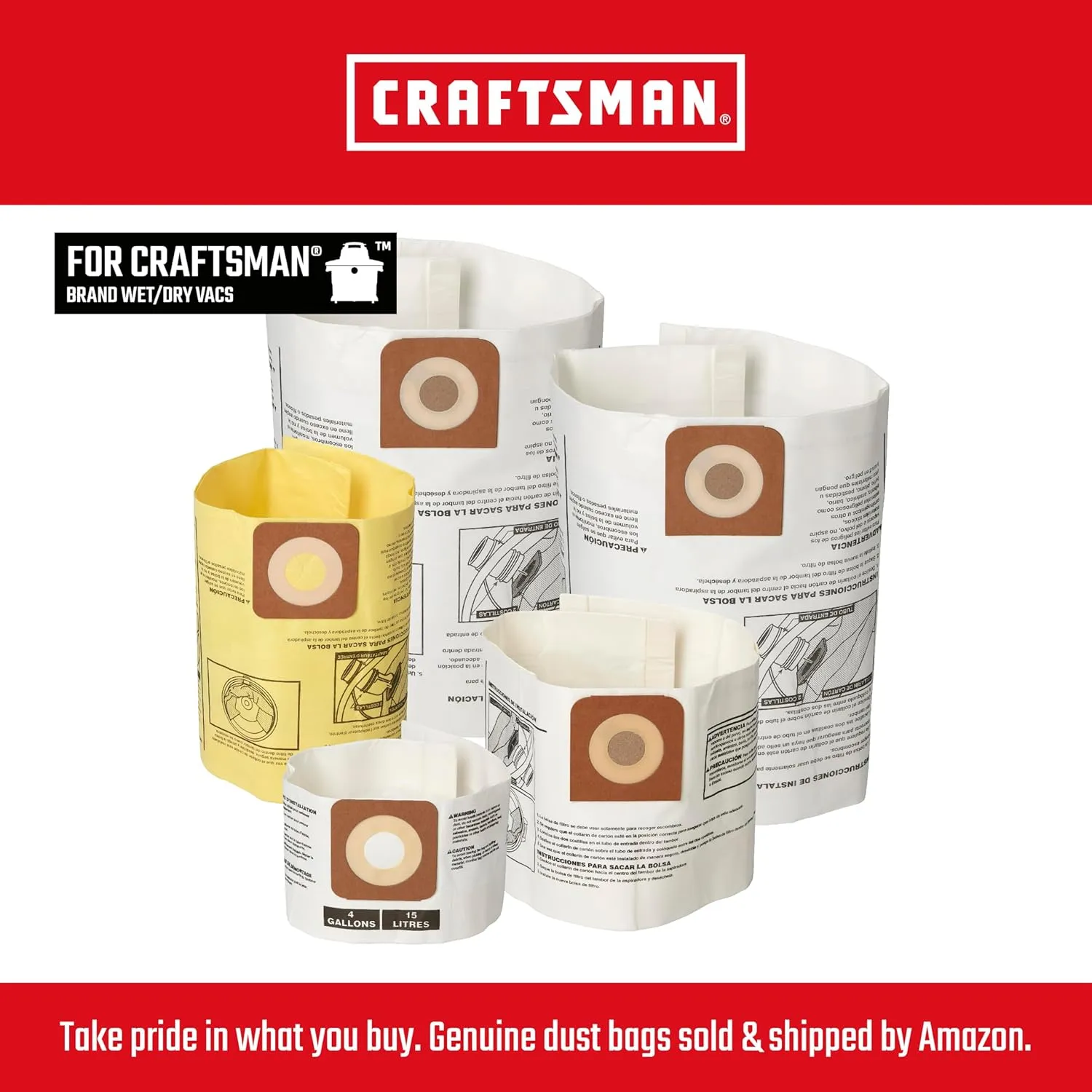 CRAFTSMAN CMXZVBE43271 Genuine Fine Dust Wet Dry Vac Dust Collection Bags for CRAFTSMAN CMXEVBE17040 4 Gallon Shop Vacuum, Collects Dry Fine Debris, Reduces Cleanup Time, 2-Pack