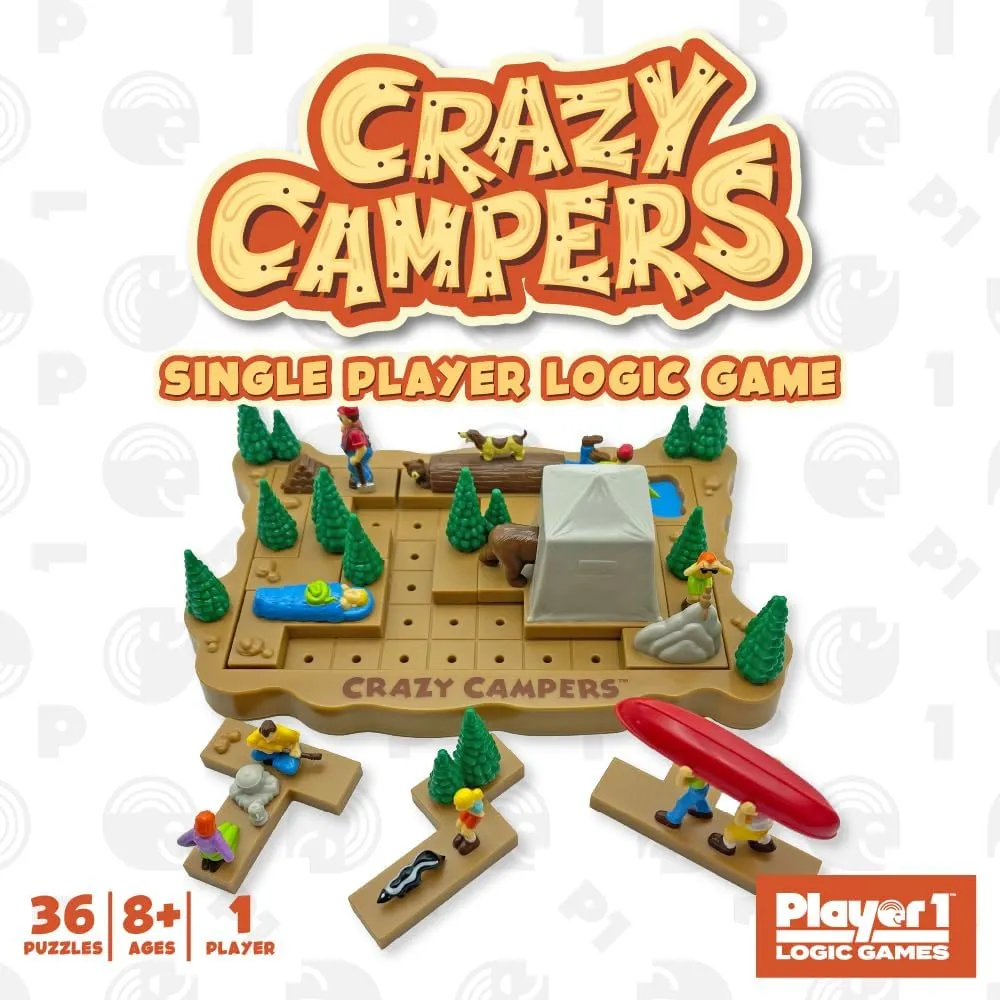 Crazy Campers Logic Puzzle Game – 36 Single-Player Challenges, Kids & Adults, Difficulty Easy to Expert, Travel-Friendly, Brain-Building Fun, Ages 8 