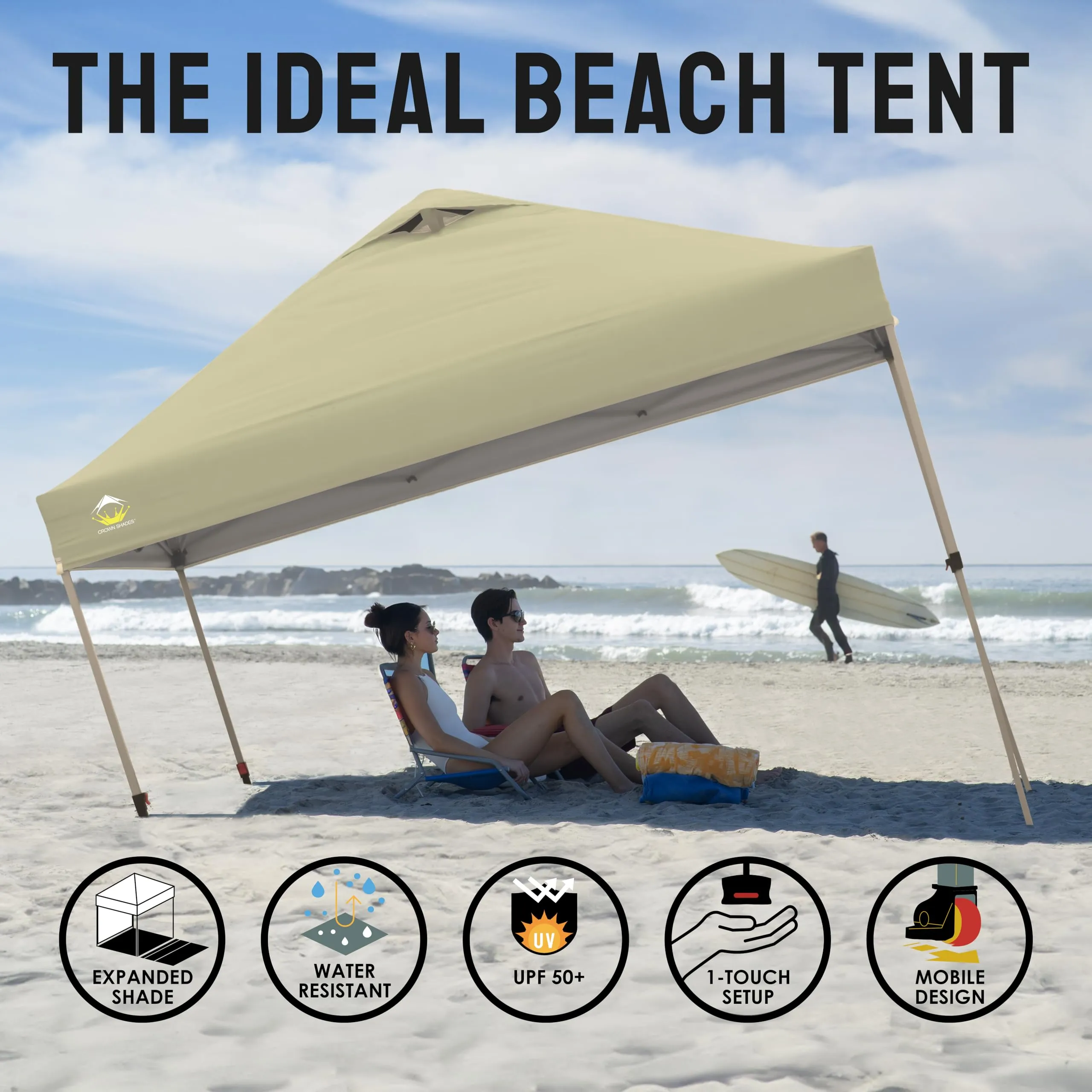 CROWN SHADES 10x10 Pop Up Canopy - Beach Tent with One Push Setup - Outdoor Canopy Tent with STO-N-Go Cover Bag for Events, Parties, Silver Coated Top, 3 Height & 4 Sand Bags,Khaki