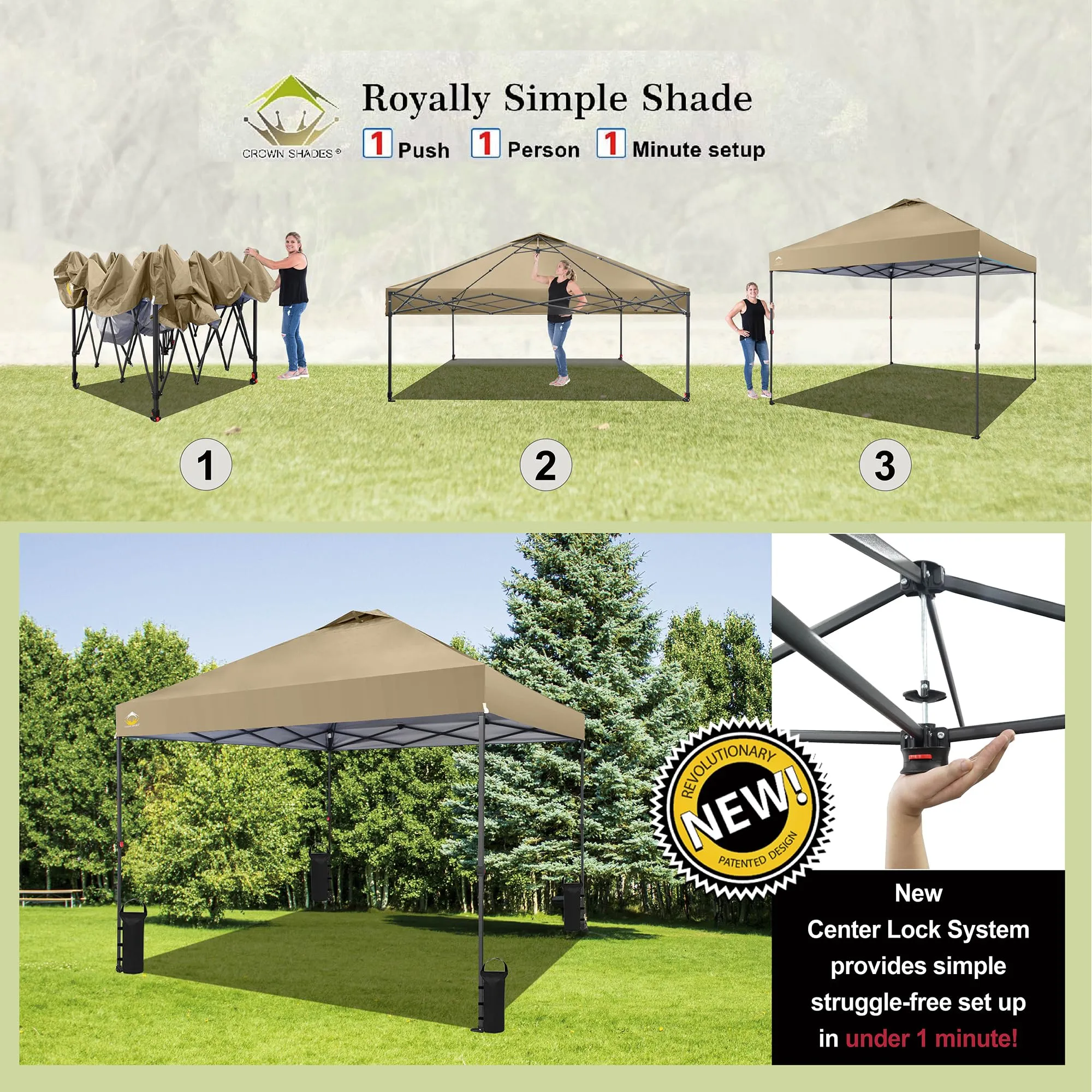 CROWN SHADES 10x10 Pop Up Canopy - Beach Tent with One Push Setup - Outdoor Canopy Tent with STO-N-Go Cover Bag for Events, Parties, Silver Coated Top, 3 Height & 4 Sand Bags,Khaki