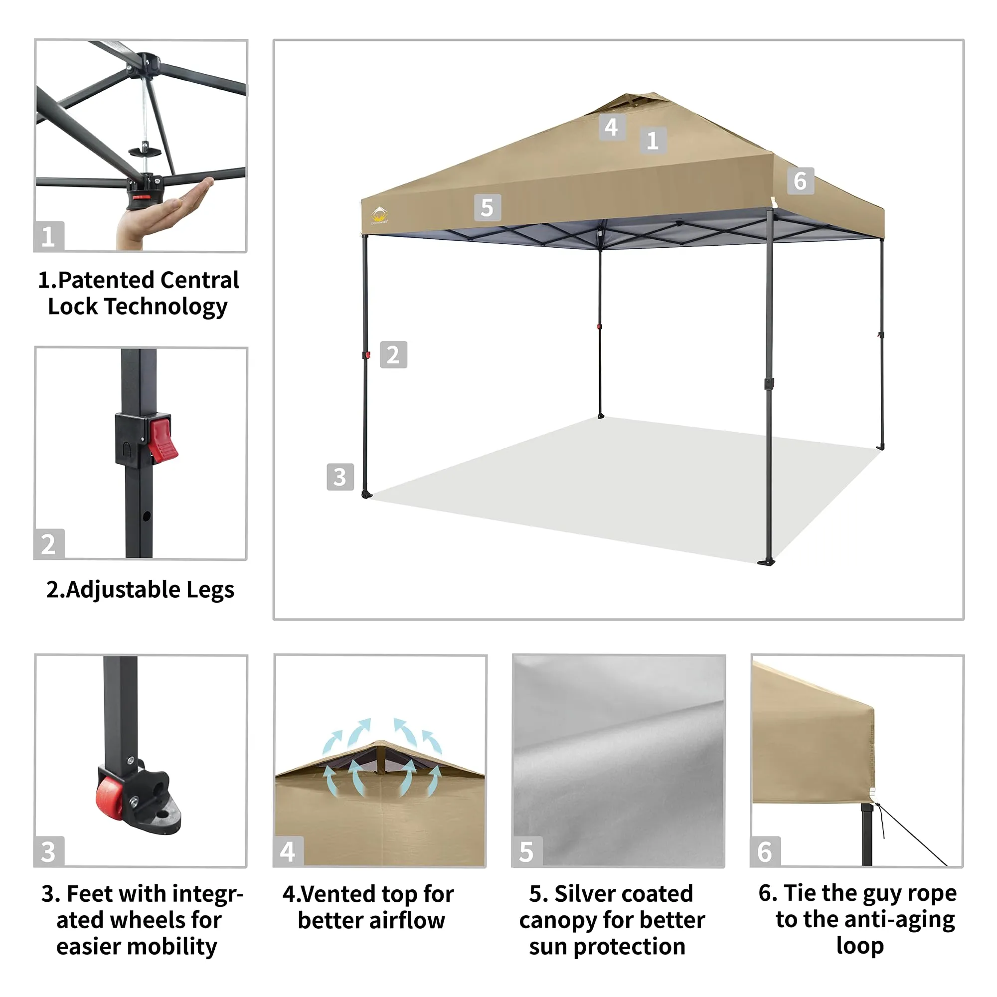 CROWN SHADES 10x10 Pop Up Canopy - Beach Tent with One Push Setup - Outdoor Canopy Tent with STO-N-Go Cover Bag for Events, Parties, Silver Coated Top, 3 Height & 4 Sand Bags,Khaki