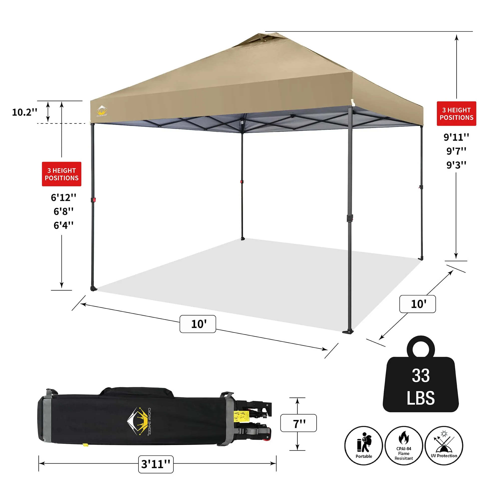 CROWN SHADES 10x10 Pop Up Canopy - Beach Tent with One Push Setup - Outdoor Canopy Tent with STO-N-Go Cover Bag for Events, Parties, Silver Coated Top, 3 Height & 4 Sand Bags,Khaki