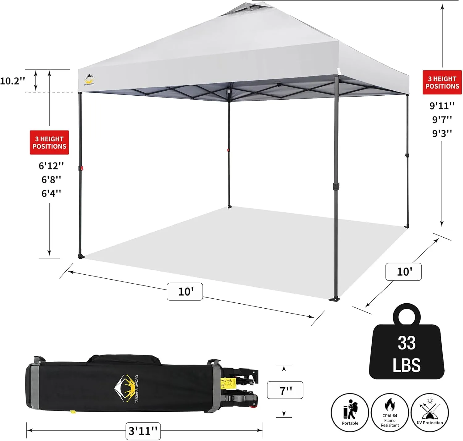 CROWN SHADES 10x10 Pop Up Canopy - Patented Center Lock One Push Instant Outdoor Canopy Beach Tent with STO-N-Go Bag 8 Stakes & 4 Sand Bags，White