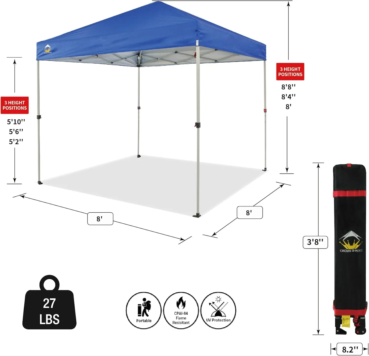 CROWN SHADES 8x8 Pop Up Canopy - Beach Tent with One Push Setup - Easy Outdoor Sun Shade for Events, Parties, Camping - Gazebo with STO-N-Go Cover Bag, Silver Coated Top, Blue