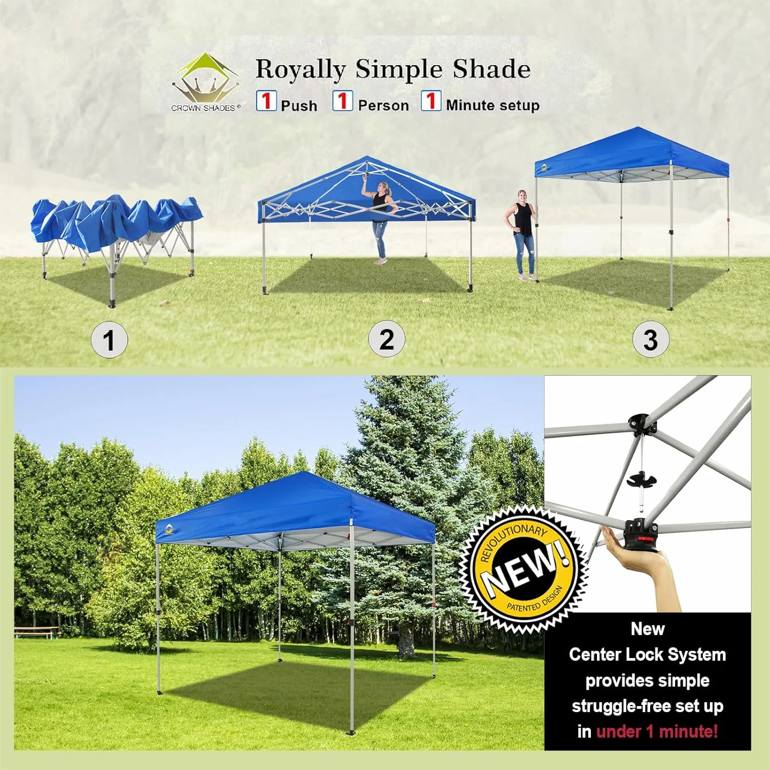 CROWN SHADES 8x8 Pop Up Canopy - Beach Tent with One Push Setup - Easy Outdoor Sun Shade for Events, Parties, Camping - Gazebo with STO-N-Go Cover Bag, Silver Coated Top, Blue