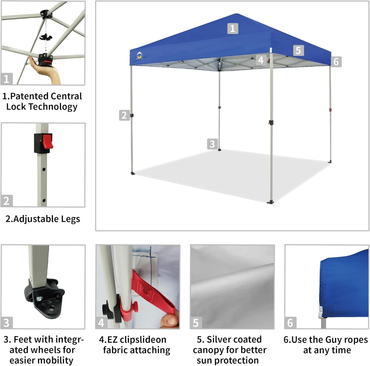 CROWN SHADES 8x8 Pop Up Canopy - Beach Tent with One Push Setup - Easy Outdoor Sun Shade for Events, Parties, Camping - Gazebo with STO-N-Go Cover Bag, Silver Coated Top, Blue