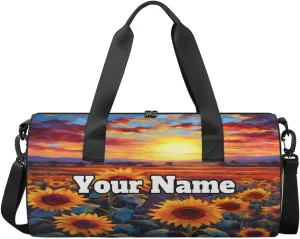Custom Gym Bag for Women Men with Name, Personalized Sunflower Print Duffel Bag for Sports, Waterproof Dance Bag, Lightweight Carryon Gym Bag, Spring Wildflowers
