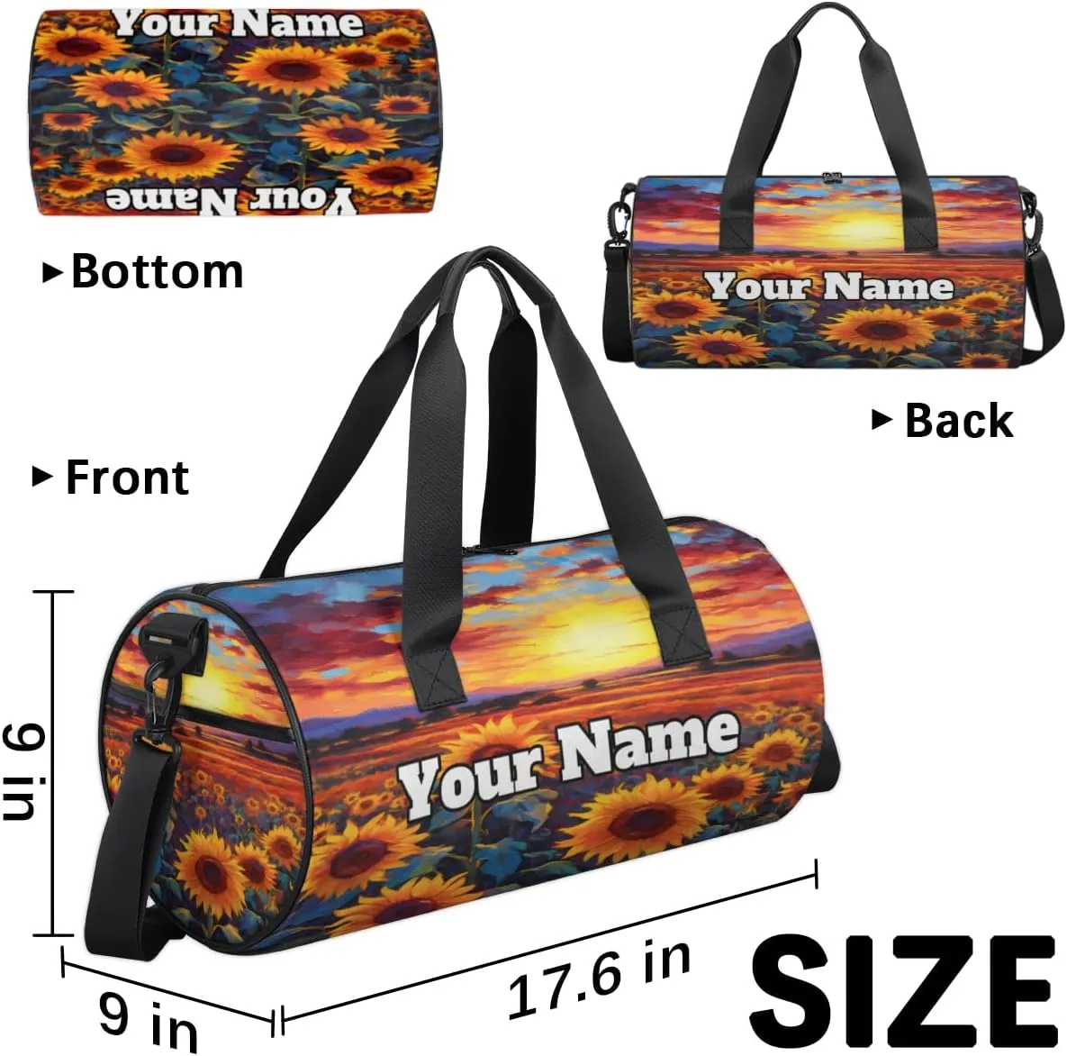 Custom Gym Bag for Women Men with Name, Personalized Sunflower Print Duffel Bag for Sports, Waterproof Dance Bag, Lightweight Carryon Gym Bag, Spring Wildflowers