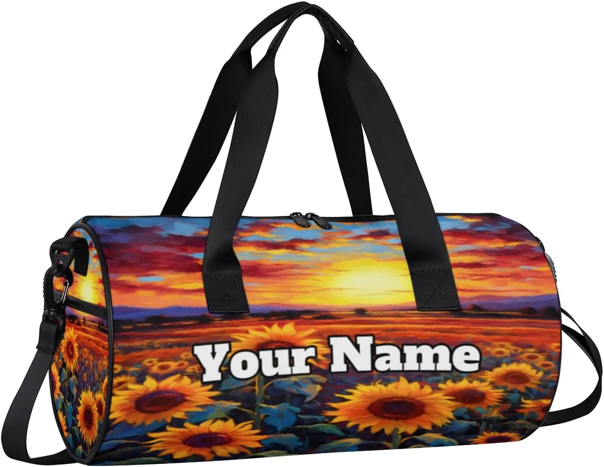 Custom Gym Bag for Women Men with Name, Personalized Sunflower Print Duffel Bag for Sports, Waterproof Dance Bag, Lightweight Carryon Gym Bag, Spring Wildflowers
