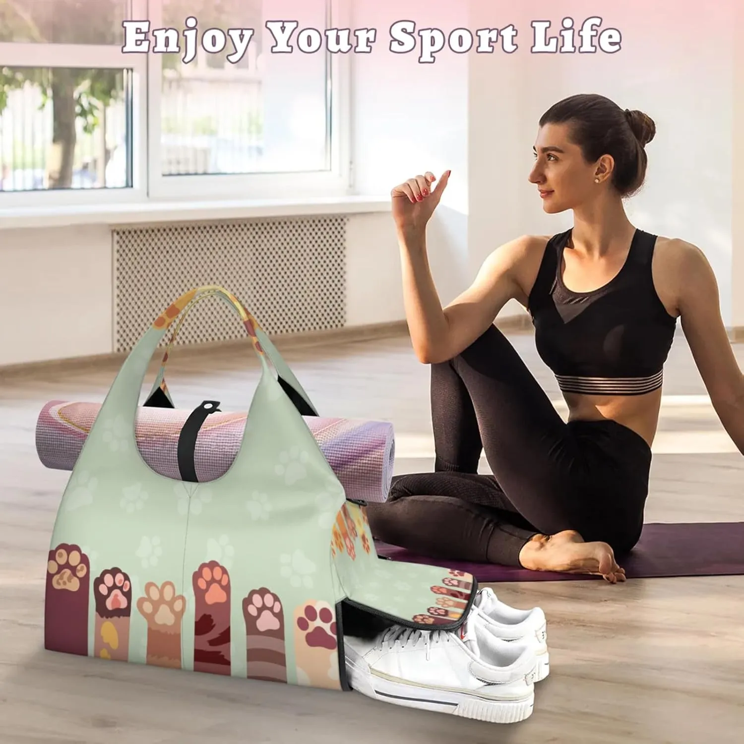Cute Cat Paws Print Gym Bag Yoga Mat Tote for Women with Shoes Compartment Lightweight Duffle Travel Carrier Wet Dry Storage Pockets Adjustable Pilates Mats Shoulder Bags for Sport Swim