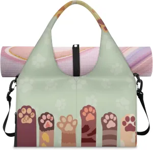 Cute Cat Paws Print Gym Bag Yoga Mat Tote for Women with Shoes Compartment Lightweight Duffle Travel Carrier Wet Dry Storage Pockets Adjustable Pilates Mats Shoulder Bags for Sport Swim