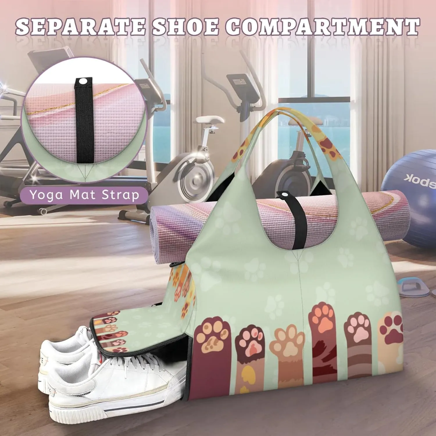 Cute Cat Paws Print Gym Bag Yoga Mat Tote for Women with Shoes Compartment Lightweight Duffle Travel Carrier Wet Dry Storage Pockets Adjustable Pilates Mats Shoulder Bags for Sport Swim
