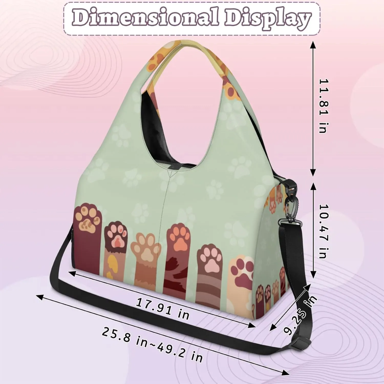 Cute Cat Paws Print Gym Bag Yoga Mat Tote for Women with Shoes Compartment Lightweight Duffle Travel Carrier Wet Dry Storage Pockets Adjustable Pilates Mats Shoulder Bags for Sport Swim