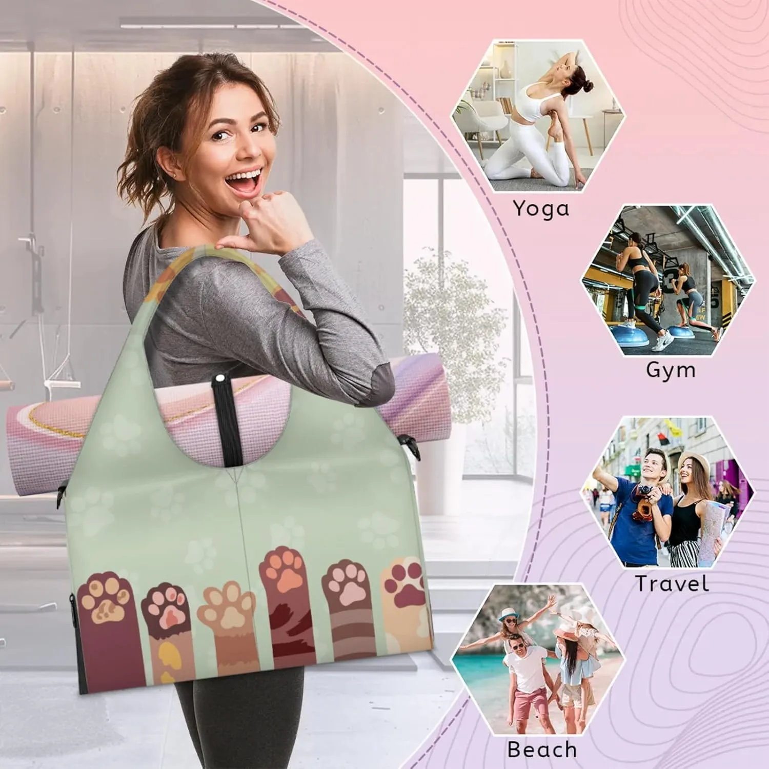 Cute Cat Paws Print Gym Bag Yoga Mat Tote for Women with Shoes Compartment Lightweight Duffle Travel Carrier Wet Dry Storage Pockets Adjustable Pilates Mats Shoulder Bags for Sport Swim