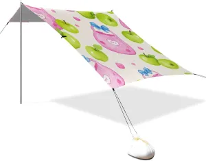 Cute Light Red Bag Green Fruit Designed UPF50  Foldable Beach Tent Lightweight Sun Shade with Sandbags and Shovel for Camping, Fishing, Backyard Fun casita de Playa para