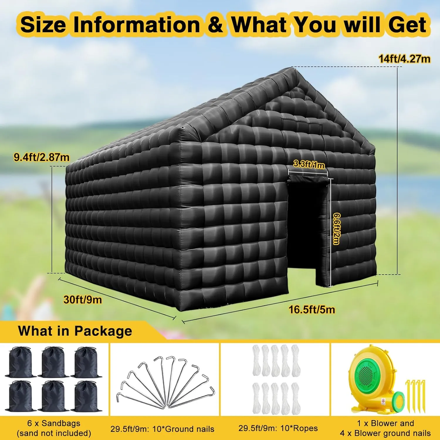 CZGBRO Inflatable Nightclub, Portable Air Cube Tent, Inflatable Night Club Square Gazebo Event Room Tent House for Event Exhibition Wedding Business/Private Use(Black, 30 * 16.5 * 14FT)