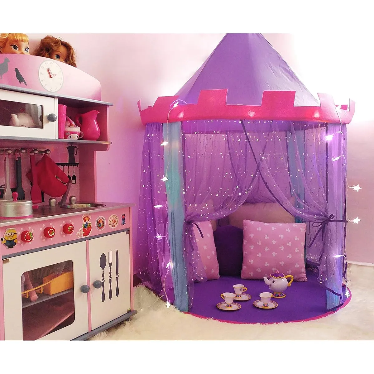 Dafi Daf princess castle play tent for Kids,, Pop Up Play Tents, Indoor Outdoor, Easy and convenient folds in to a Carrying Case, with Glow Led Star Light String