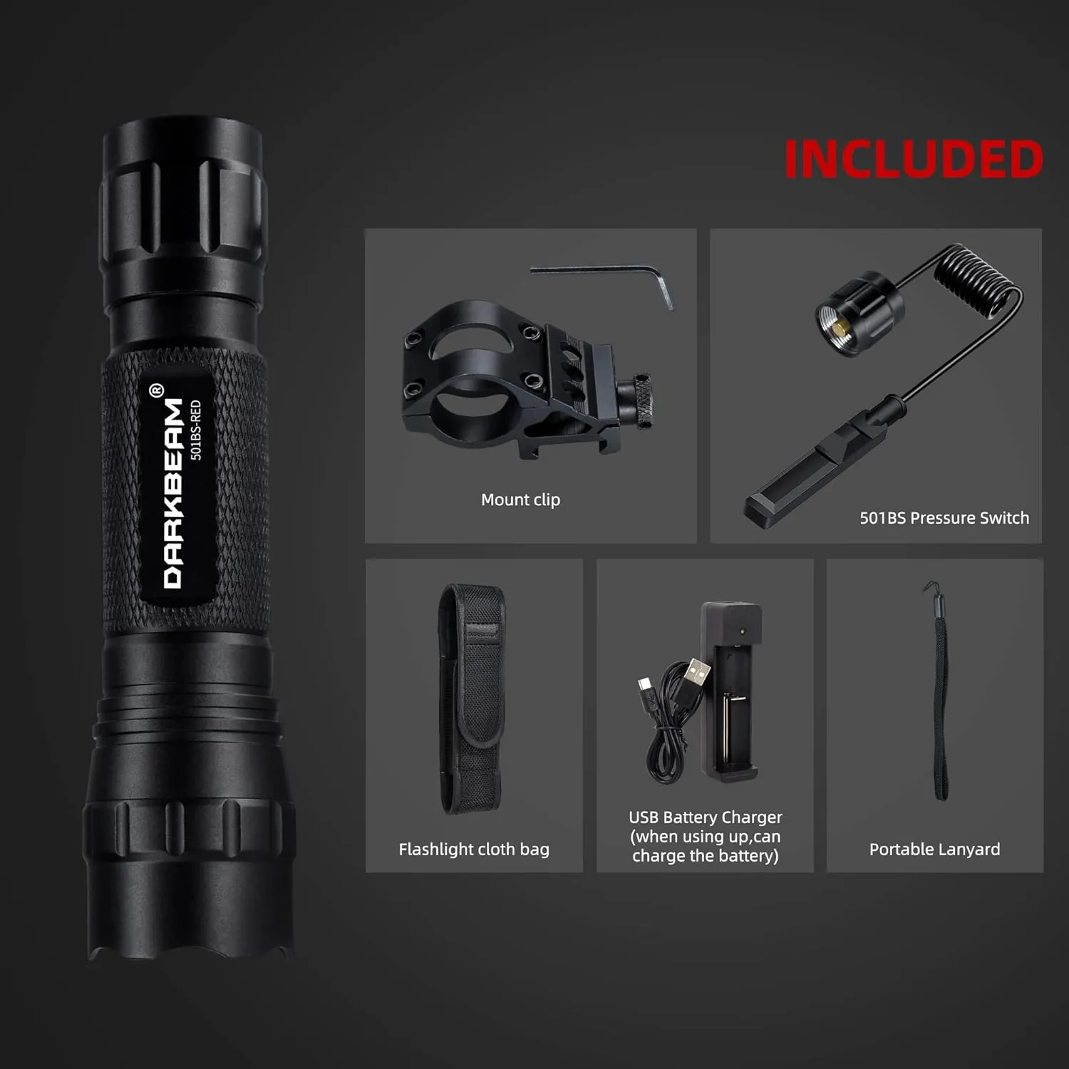 DARKBEAM Red Light Flashlight Tactical LED USB Rechargeable Zoom Flood/Spot Light Kit, Portable Mini Redlight for Night Hunting, Observation, Fishing, Astronomy, Stargazin, Rescue, with Clip