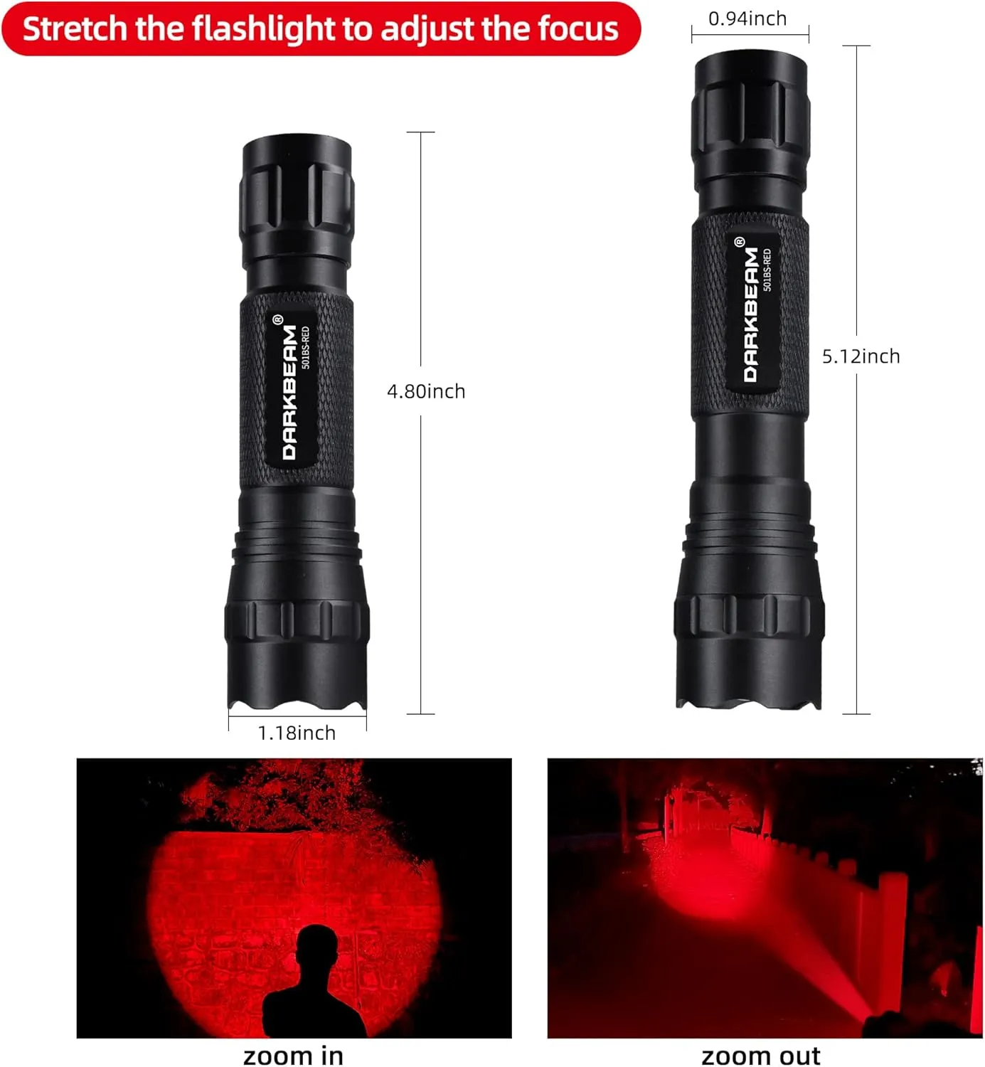 DARKBEAM Red Light Flashlight Tactical LED USB Rechargeable Zoom Flood/Spot Light Kit, Portable Mini Redlight for Night Hunting, Observation, Fishing, Astronomy, Stargazin, Rescue, with Clip