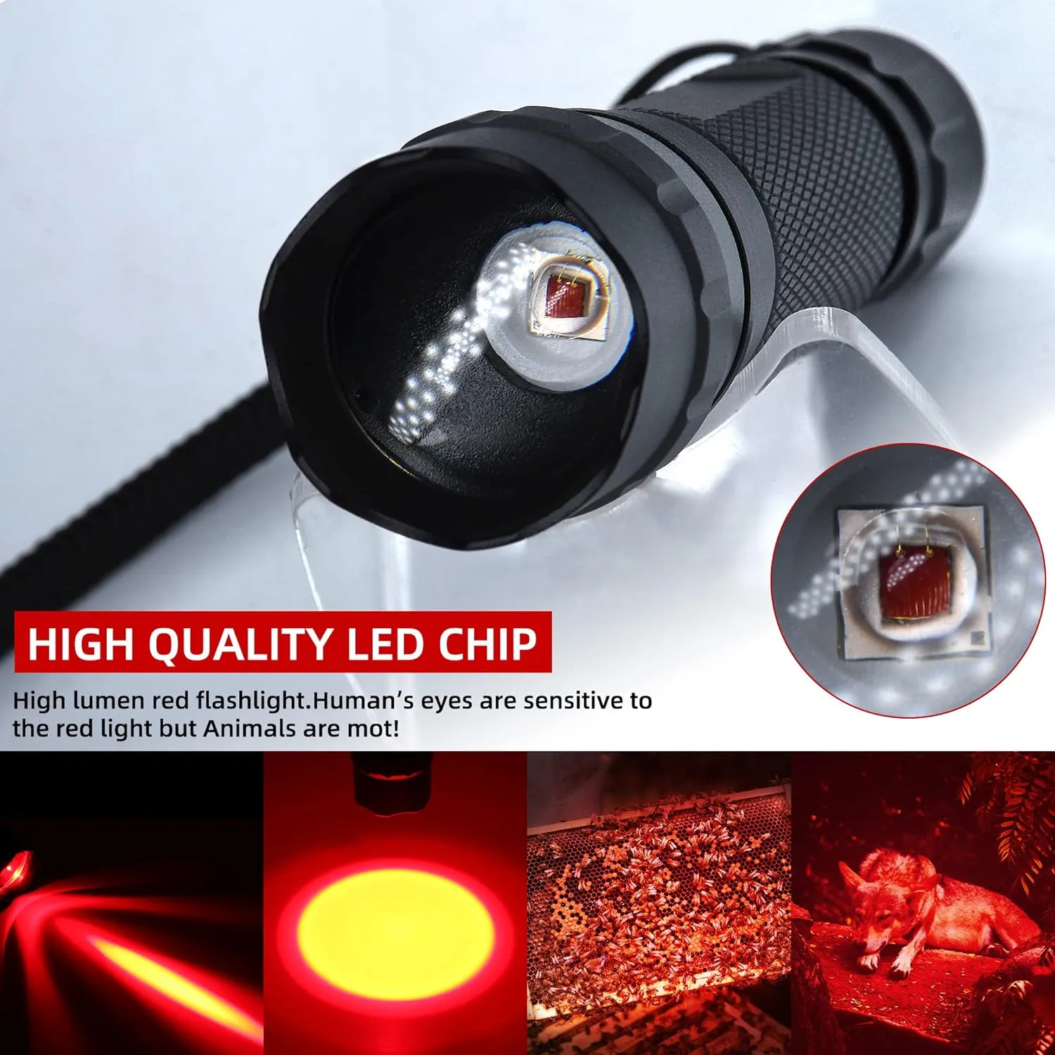 DARKBEAM Red Light Flashlight Tactical LED USB Rechargeable Zoom Flood/Spot Light Kit, Portable Mini Redlight for Night Hunting, Observation, Fishing, Astronomy, Stargazin, Rescue, with Clip