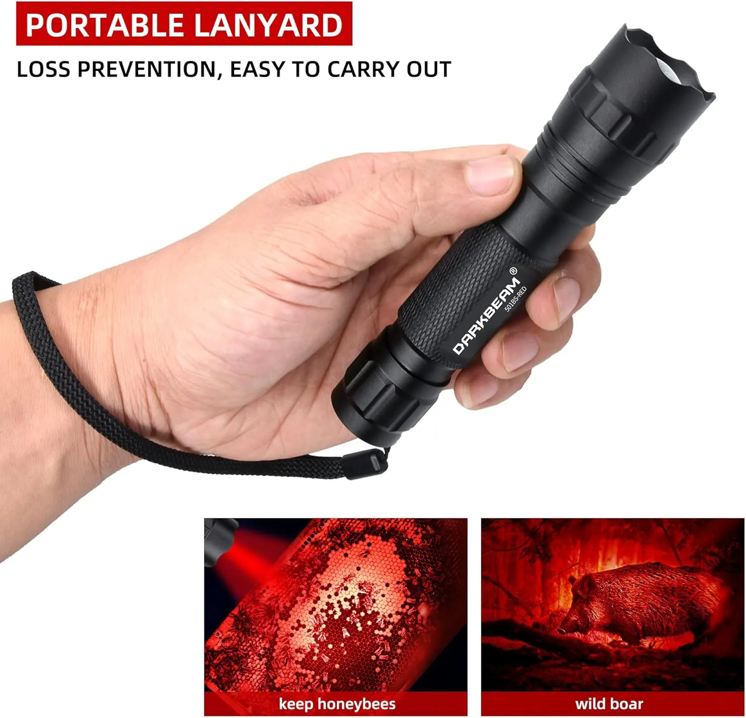 DARKBEAM Red Light Flashlight Tactical LED USB Rechargeable Zoom Flood/Spot Light Kit, Portable Mini Redlight for Night Hunting, Observation, Fishing, Astronomy, Stargazin, Rescue, with Clip