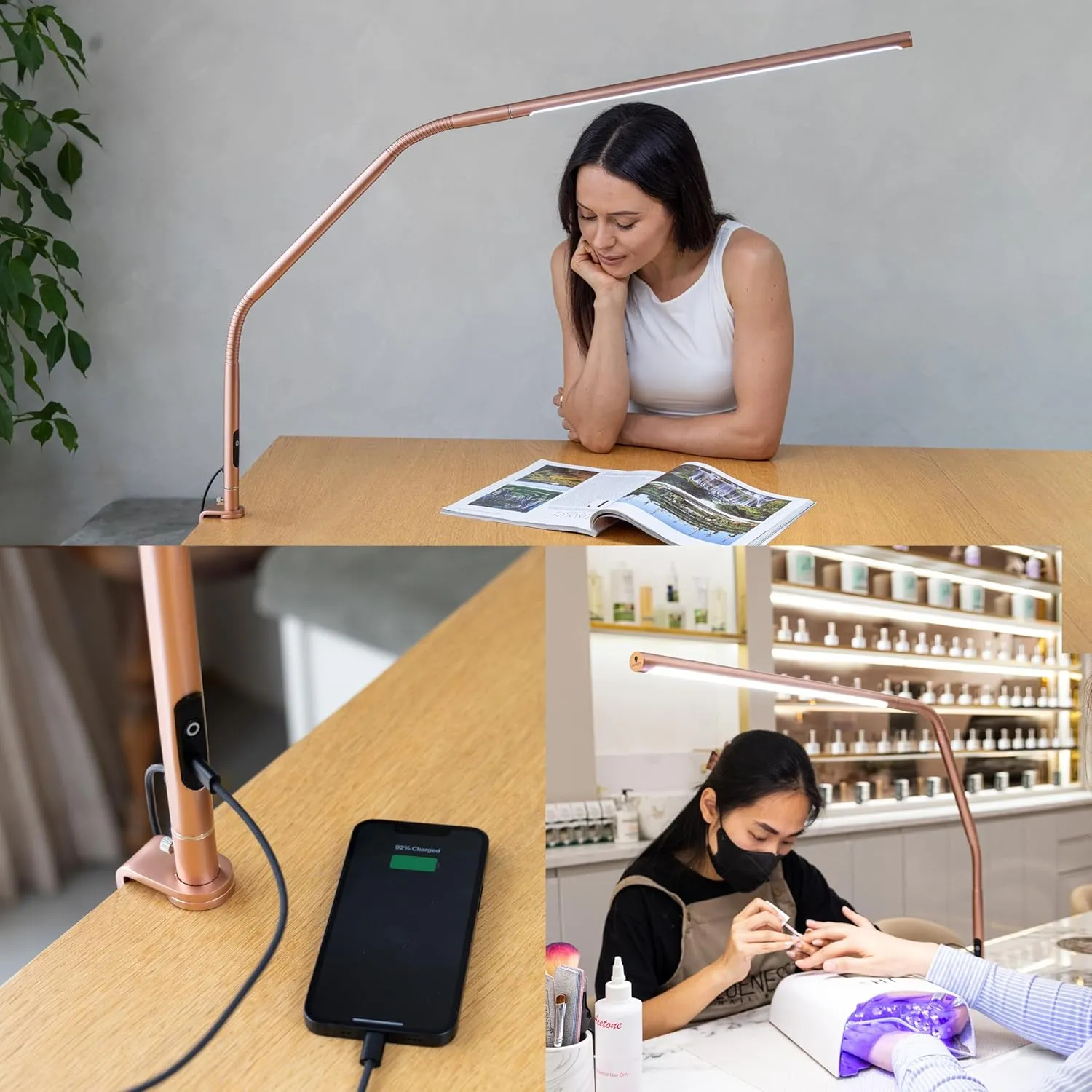 daylight Slimline 4™ LED Table Lamp in Rose Gold - 6,000K, 3,200 Lux, 4 Brightness Levels, USB-C Charging Port, Anti-Glare Diffuser, Flexible Design, Art & Craft, Sewing, Nail Salon