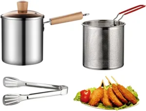 Deep Fryer Pot 304 Stainless Steel Frying Pan with Strainer Basket and Handle,Japanese Tempura Fryer Deep Fryers Frying Pot for Frying Fish Shrimp Chicken and Fries (Silver-1)