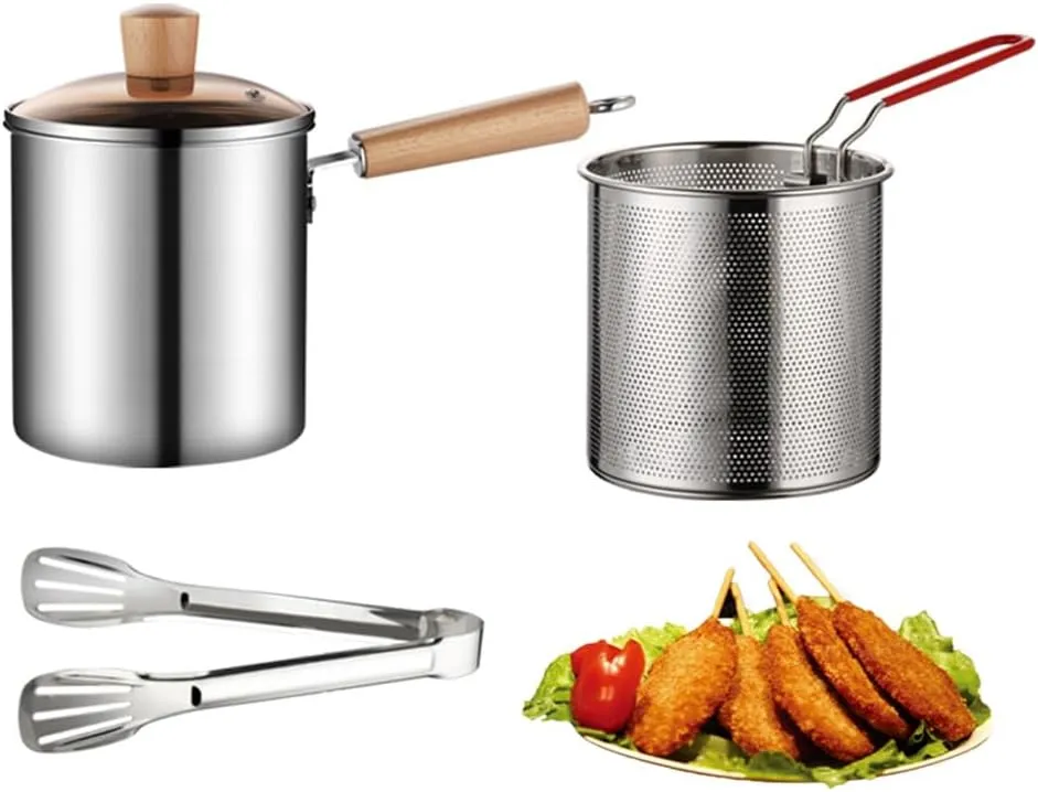 Deep Fryer Pot 304 Stainless Steel Frying Pan with Strainer Basket and Handle,Japanese Tempura Fryer Deep Fryers Frying Pot for Frying Fish Shrimp Chicken and Fries (Silver-1)