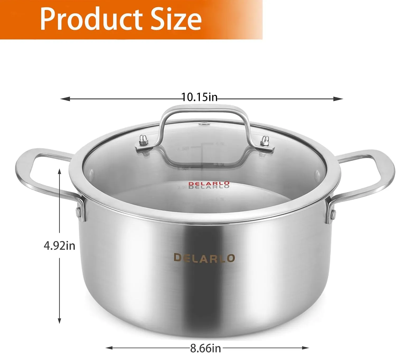 DELARLO Tri-Ply Stainless Steel Stock Pot, 5 Quart Pot with Lid, All Stoves Safe Up to 600℉, Saving Fuel 20%, Heavy Duty, Soup Pot with lid, Kitchen Essentials Stew Pot, Fast Even Heat