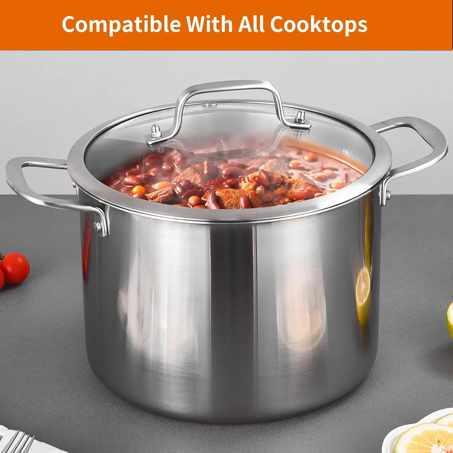 DELARLO Tri-Ply Stainless Steel Stock Pot, All Stove Compatible Up to 600℉ Soup Pot, 8 Quart Pot with Lid,18/10 Stainless Steel Stockpot with Lids, Large Stainless Steel Induction Pot for Cooking
