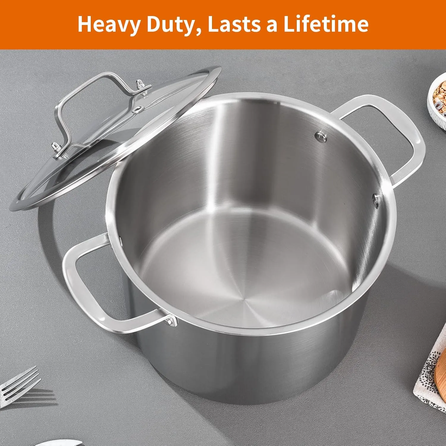 DELARLO Tri-Ply Stainless Steel Stock Pot, All Stove Compatible Up to 600℉ Soup Pot, 8 Quart Pot with Lid,18/10 Stainless Steel Stockpot with Lids, Large Stainless Steel Induction Pot for Cooking