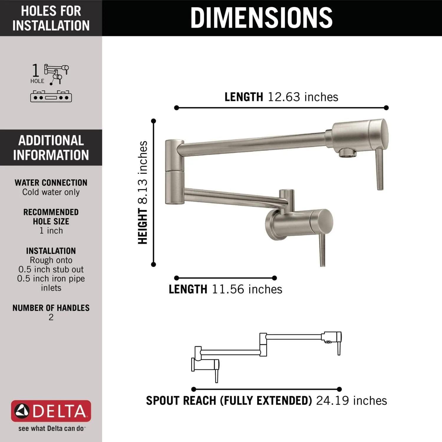 Delta 1165LF-SS Pot Filler, 5.19 x 2.13 x 24.19 inches, Stainless