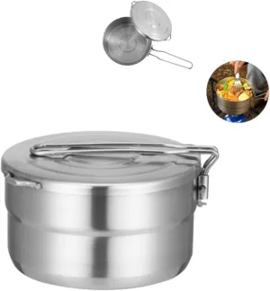 DenpenTEC Stainless Steel Cook Pot with Lid and Folding Handle - 1.5L Large Capacity Bento Pot for Camping and Hiking