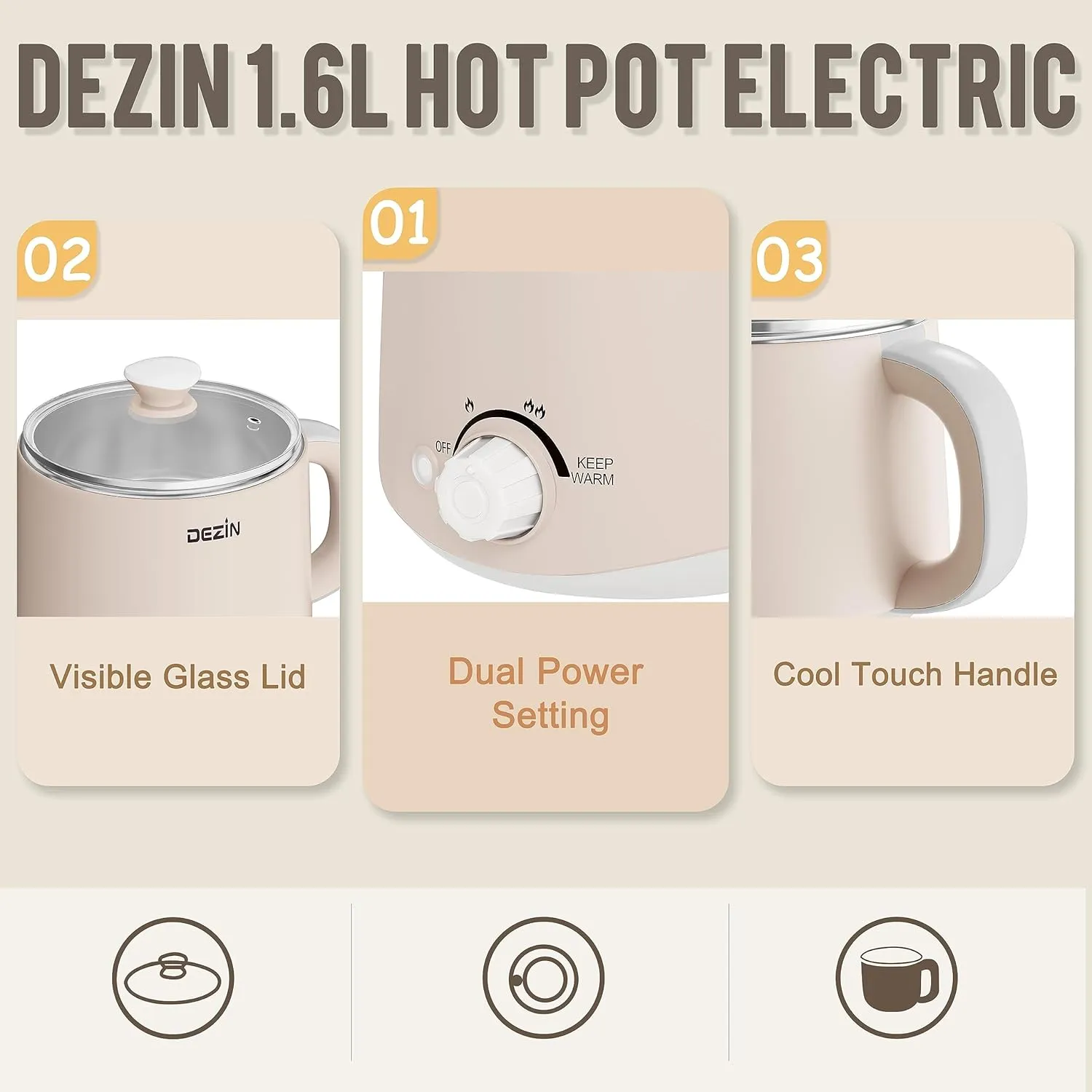 Dezin Electric Pot, 1.6L Ramen Cooker, Hot Pot Electric Stainless Steel, Multifunctional Cooker for Egg, Pasta, Soup, Porridge, Oatmeal with Temperature Control and Keep Warm Function