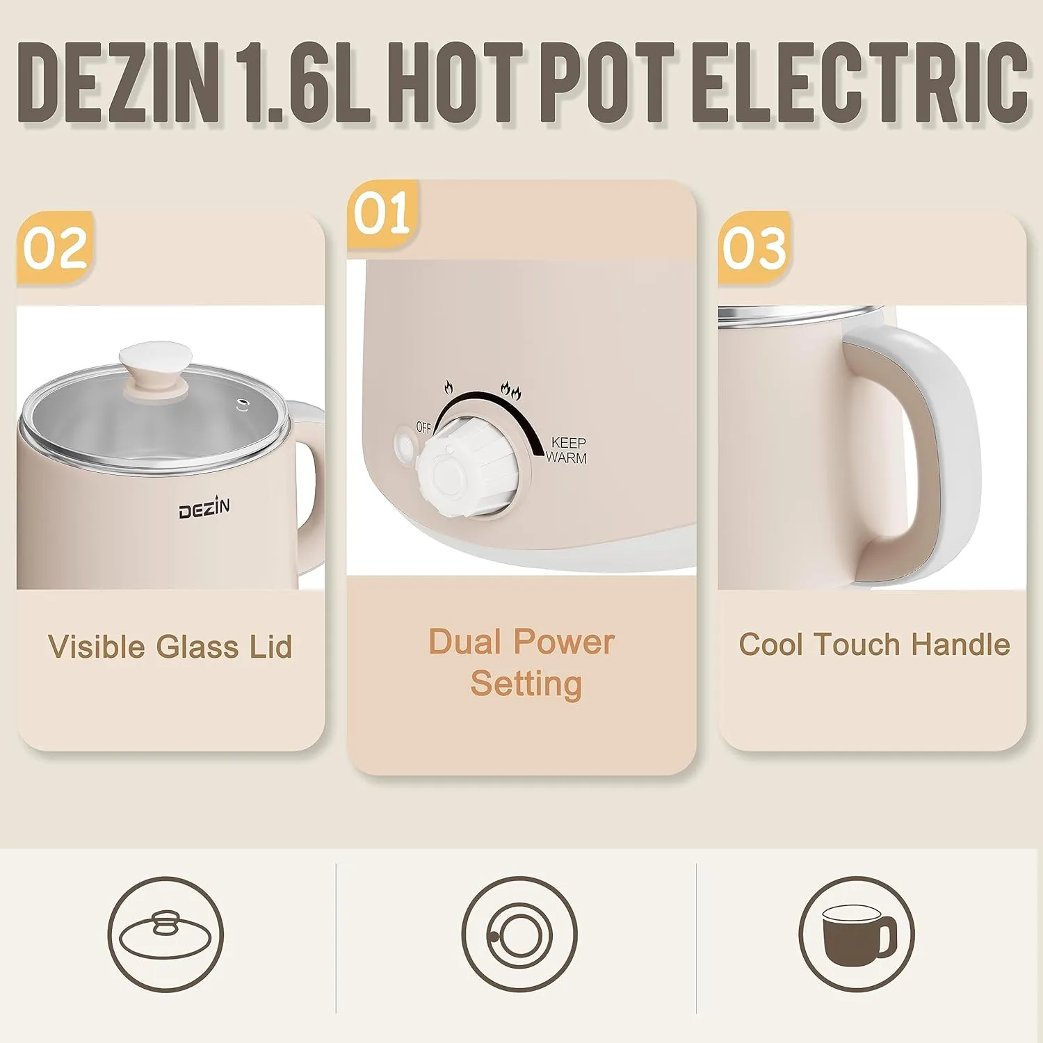 Dezin Electric Pot, 1.6L Ramen Cooker, Hot Pot Electric Stainless Steel, Multifunctional Cooker for Egg, Pasta, Soup, Porridge, Oatmeal with Temperature Control and Keep Warm Function