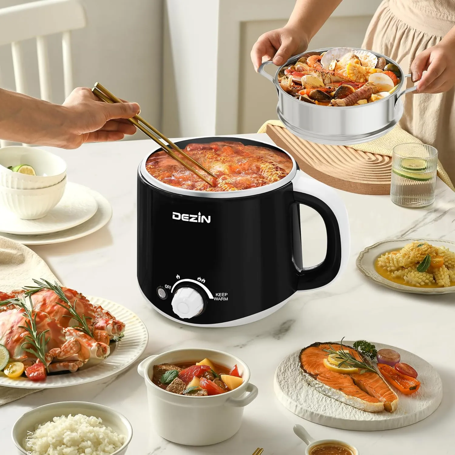 Dezin Hot Pot Electric with Steamer, Rapid Noodles Cooker, Stainless Steel Electric Pot 1.6 Liter, Perfect for Ramen, Egg, Dumpling, Soup, Oatmeal with Temperature Control and Keep Warm Function