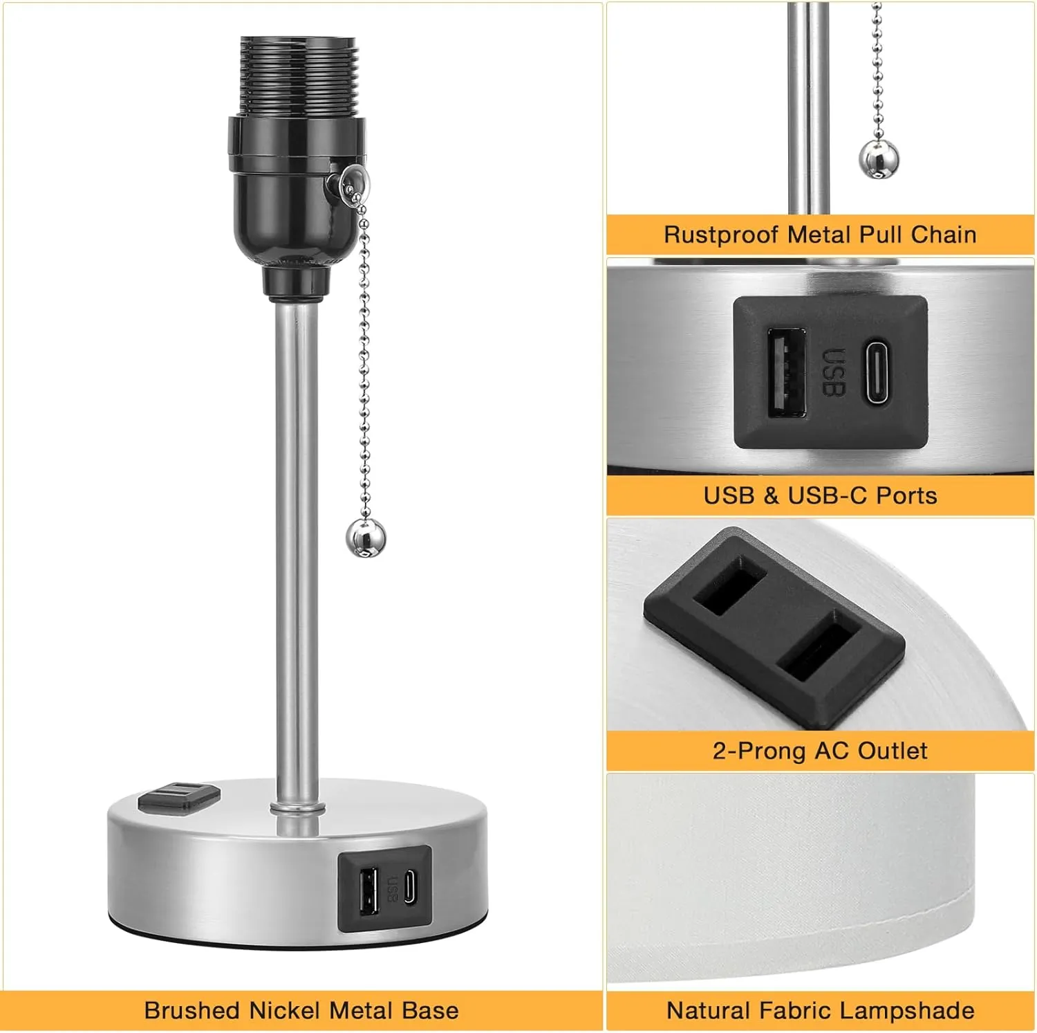 Dicoool Grey Bedroom Lamp for Nightstand - 3 Color Temperature Table Lamp with USB C and A Ports, Pull Chain Bedside Lamp with AC Outlet, Desk Lamp with Silver Metal Base for Kids Girls
