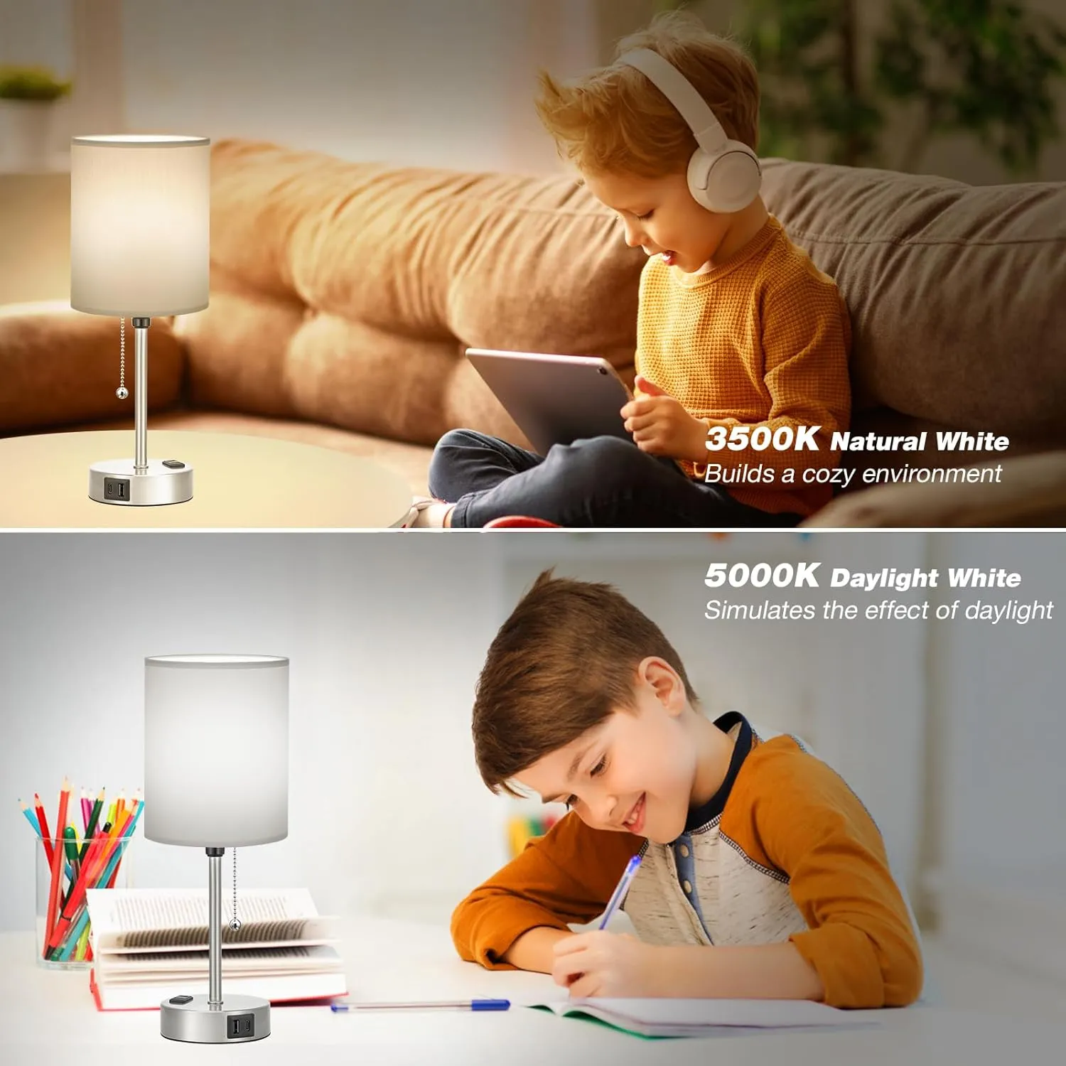 Dicoool Grey Bedroom Lamp for Nightstand - 3 Color Temperature Table Lamp with USB C and A Ports, Pull Chain Bedside Lamp with AC Outlet, Desk Lamp with Silver Metal Base for Kids Girls