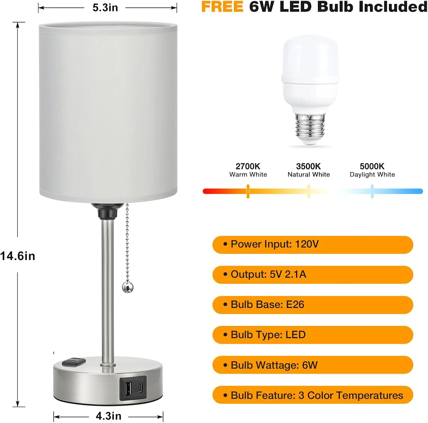 Dicoool Grey Bedroom Lamp for Nightstand - 3 Color Temperature Table Lamp with USB C and A Ports, Pull Chain Bedside Lamp with AC Outlet, Desk Lamp with Silver Metal Base for Kids Girls