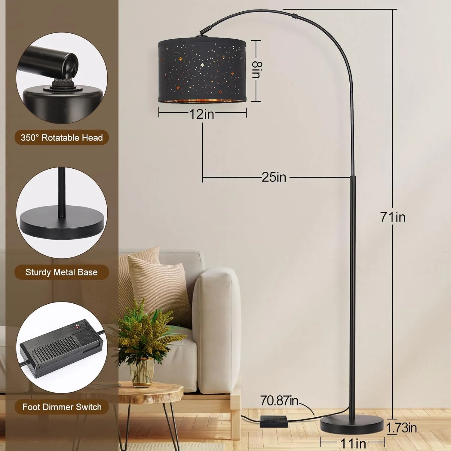 Dimmable Floor Lamp, Arc Floor Lamp for Living Room, Arched Tall Modern Standing Lamp with Adjustable Star Shade, Black Mid Century Light Tall Pole Lamp for Bedrooms,Office, 9W LED Bulb Included