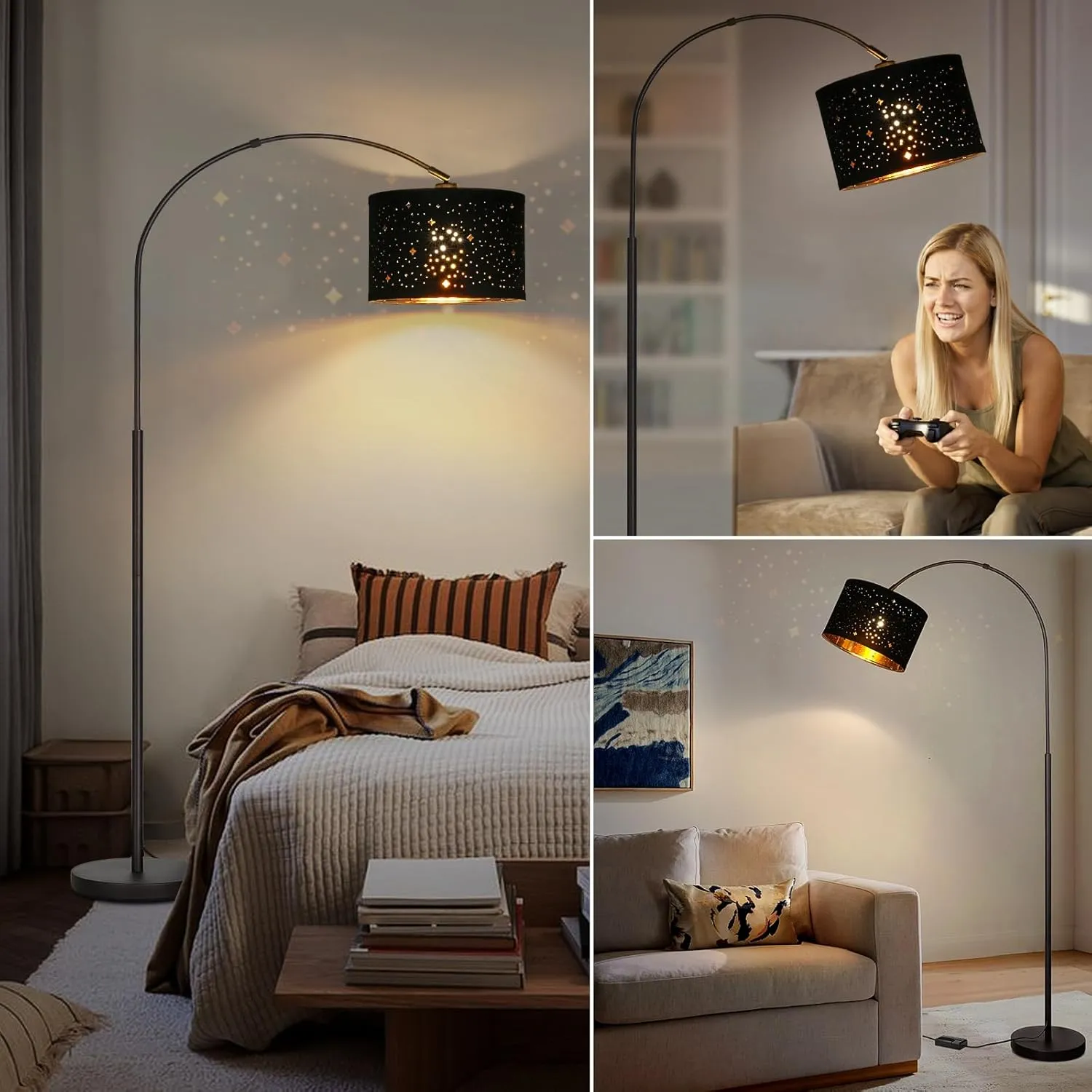 Dimmable Floor Lamp, Arc Floor Lamp for Living Room, Arched Tall Modern Standing Lamp with Adjustable Star Shade, Black Mid Century Light Tall Pole Lamp for Bedrooms,Office, 9W LED Bulb Included