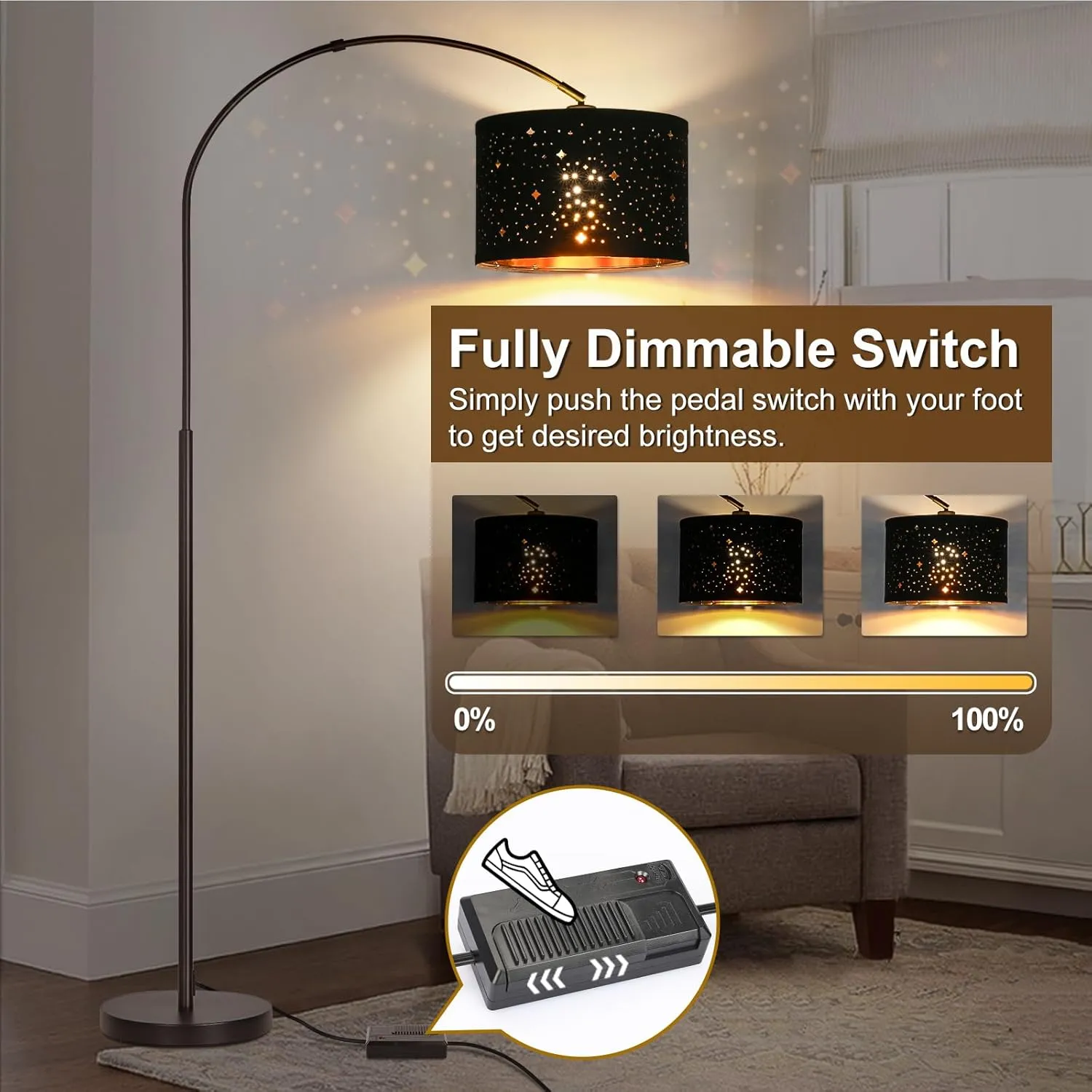 Dimmable Floor Lamp, Arc Floor Lamp for Living Room, Arched Tall Modern Standing Lamp with Adjustable Star Shade, Black Mid Century Light Tall Pole Lamp for Bedrooms,Office, 9W LED Bulb Included