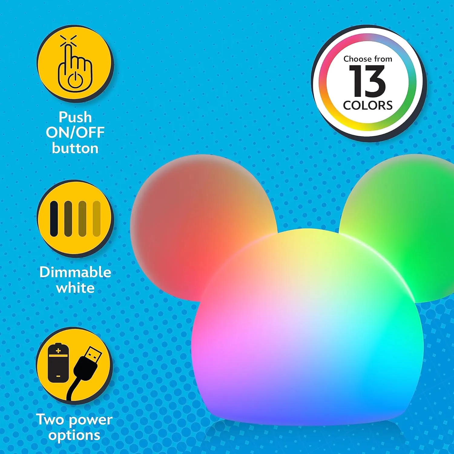 Disney Mickey Mouse Squishy Light, Color Changing, Night Light for Kids, USB Lamp, Battery Operated, Dimmable, Ideal for Bedroom, Playroom, Living Room, and More, 66944