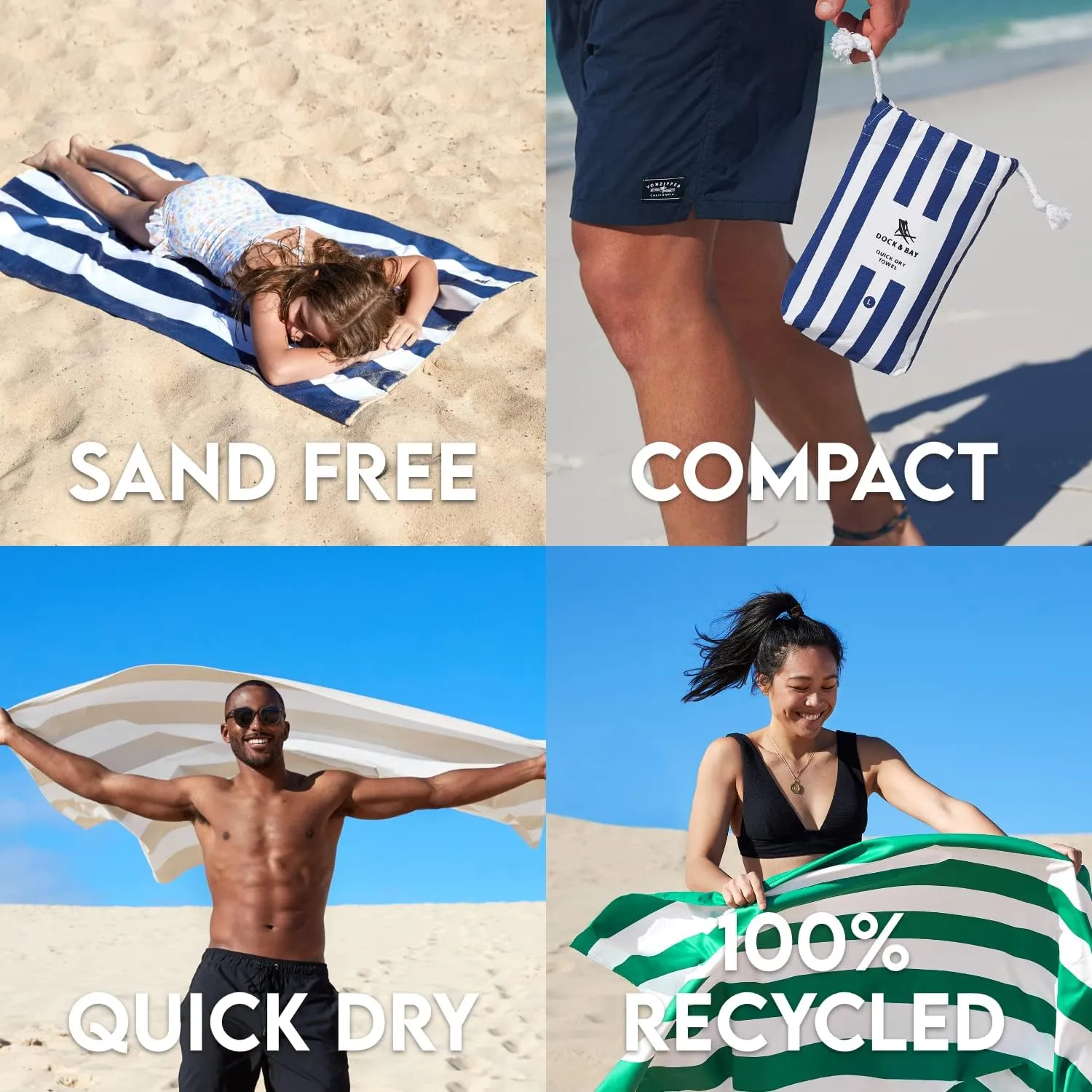 Dock & Bay Beach Towel - Quick Dry, Sand Free - Compact, Lightweight - 100% Recycled - Includes Bag - Cabana - Kamari Charcoal - Extra Large (200x90cm, 78x35)