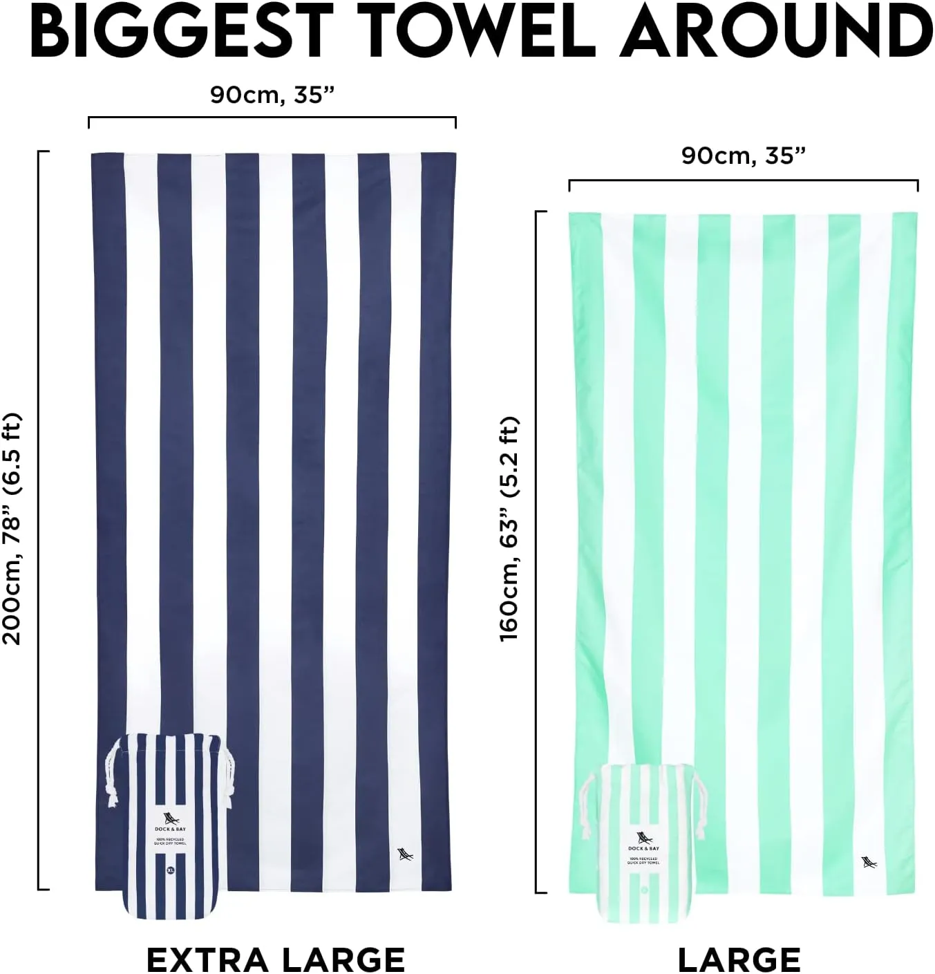 Dock & Bay Beach Towel - Quick Dry, Sand Free - Compact, Lightweight - 100% Recycled - Includes Bag - Cabana - Kamari Charcoal - Extra Large (200x90cm, 78x35)