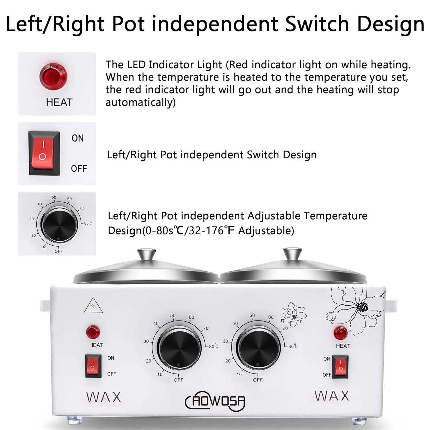 Double Wax Warmer Professional Electric Wax Heater Machine for Hair Removal, Dual Waxing Pot Paraffin Facial Skin Body SPA Salon Equipment with Adjustable Temperature Set