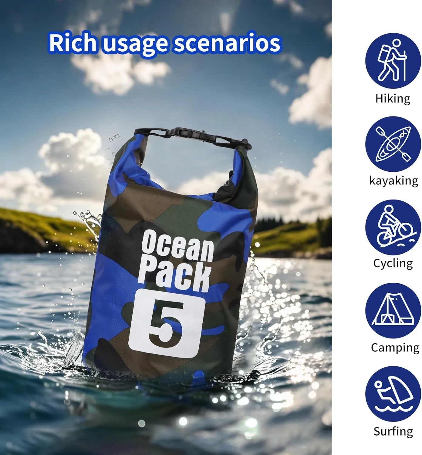 Dry Bag Waterproof for Women Men,5L Rolled Lightweight Dry Storage Bag Backpack with Phone Case for Travel,Swimming,Boating, Kayaking,Camping & Beach,Blue