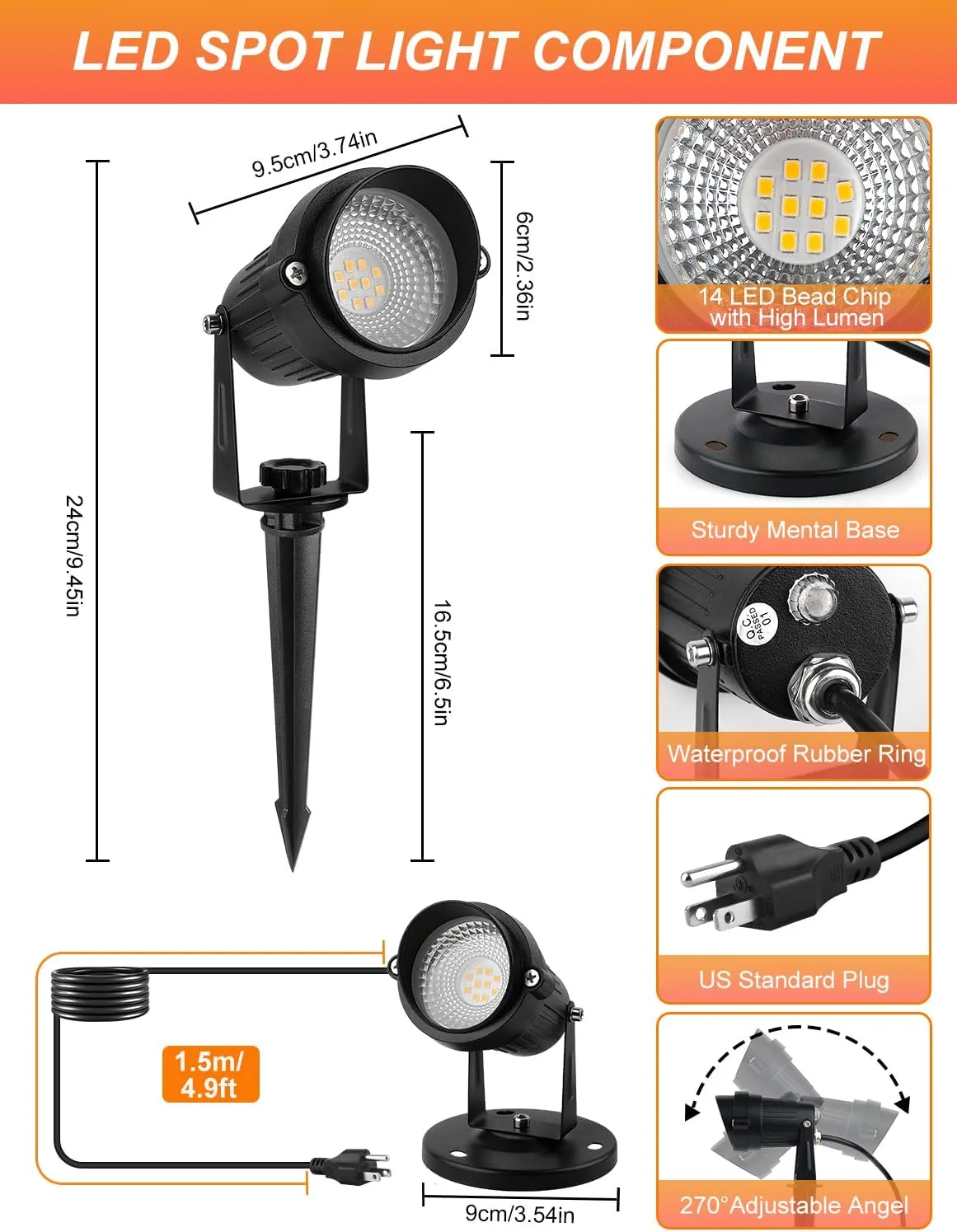 Dusk to Dawn Outdoor LED Spotlight, Outdoor Landscape Lighting with Photocell Sensor, 3000K Warm White Waterproof Spot Lights for Yard Flag Pole House Garden Tree(2 Pack)