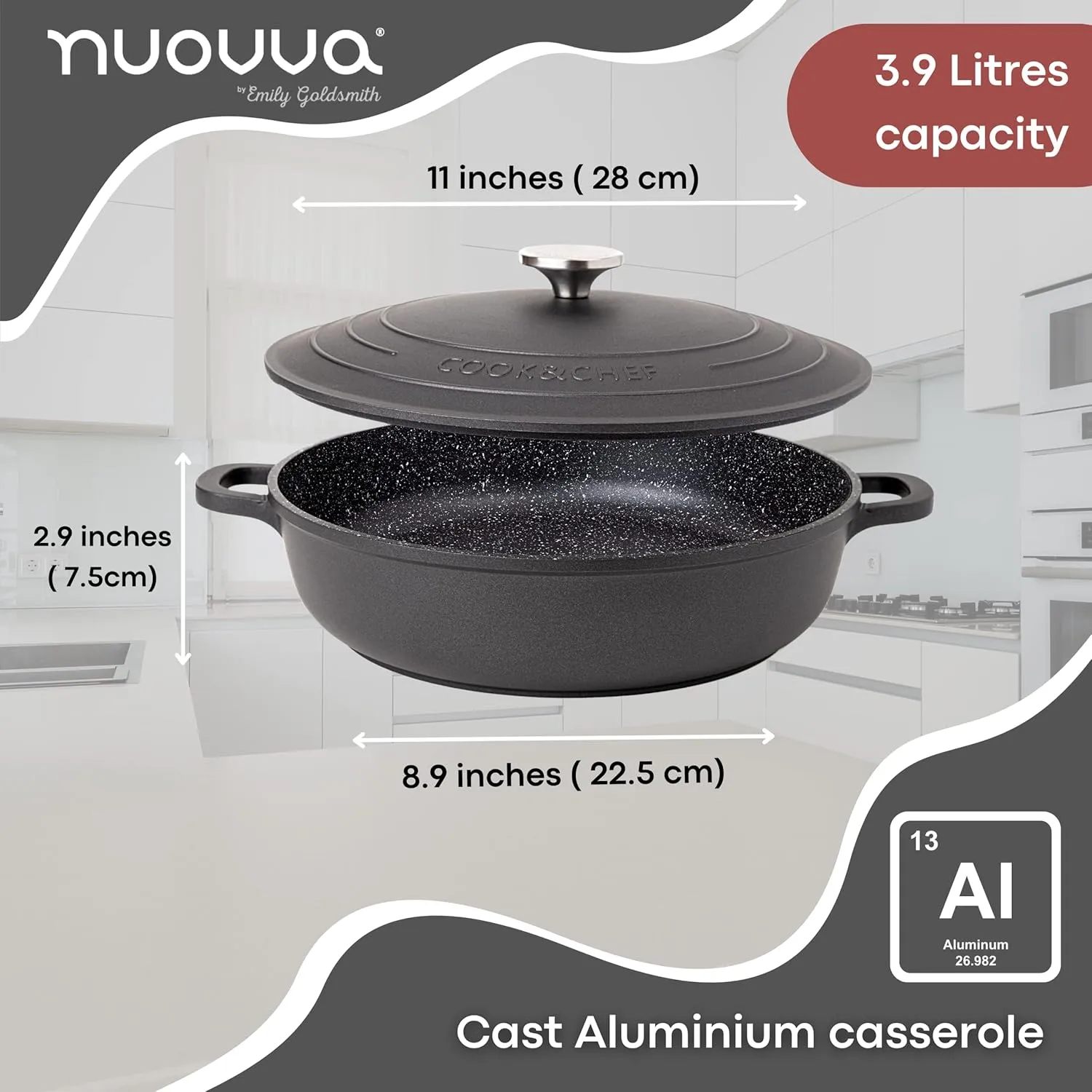Dutch Oven Pot with Lid – Non Stick Dutch Oven for Sourdough Bread Baking – Cast Aluminum Cooking Pot – Oven Safe Stock Pot – 4-Quart, 11 Inch, Black – by Nuovva