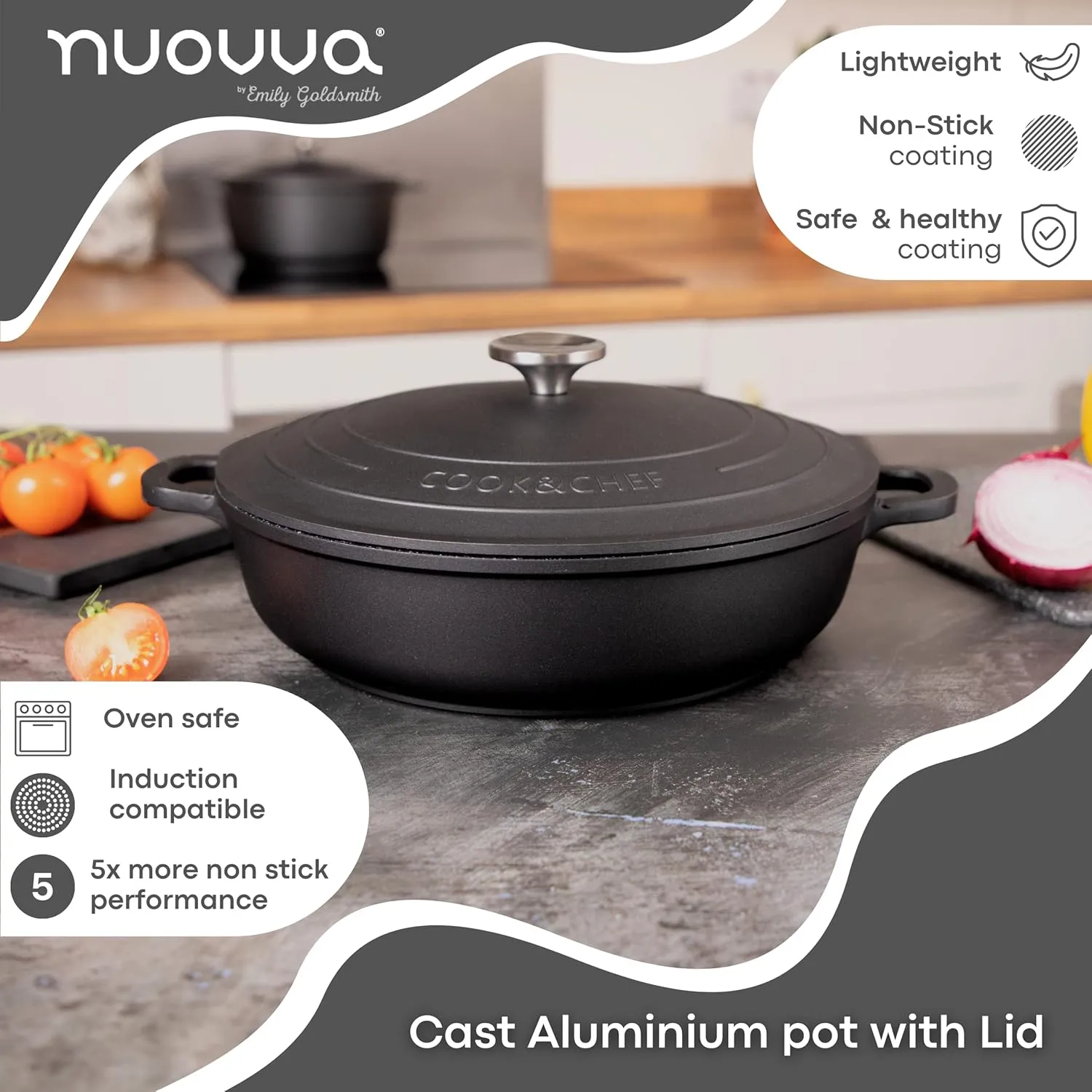 Dutch Oven Pot with Lid – Non Stick Dutch Oven for Sourdough Bread Baking – Cast Aluminum Cooking Pot – Oven Safe Stock Pot – 4-Quart, 11 Inch, Black – by Nuovva
